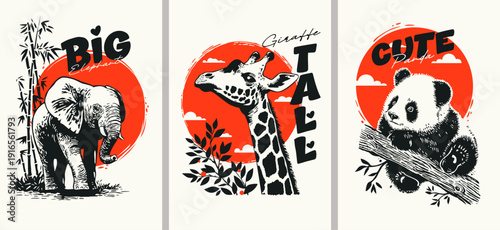 Bright retro posters in vintage Asian style with images of animals. Dynamic creative prints depicting elephant, giraffe and panda.