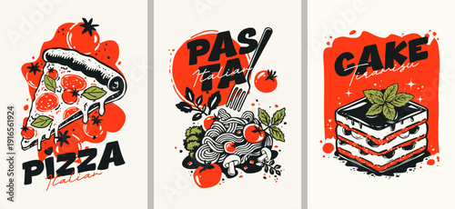 Bright retro posters in vintage style depicting Italian cuisine and typography. Dynamic creative prints depicting traditional Italian dishes: pasta, spaghetti, pizza and tiramisu