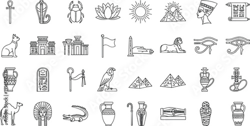 Ancient Egypt Icon Set Featuring Pharaoh, Pyramids, Sphinx, Ankh, Scarab, Hieroglyphs, Temples and Egyptian Symbols Line Vector Collection