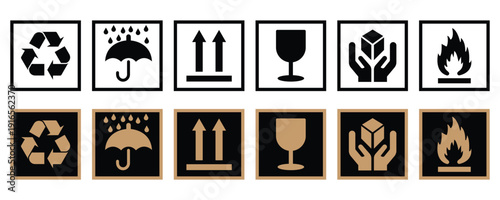 Packaging and Handling Symbols Icon Set, Recycling, Fragile, This Side Up, Keep Dry, Fire Safety Icons, Black and Gold Vector