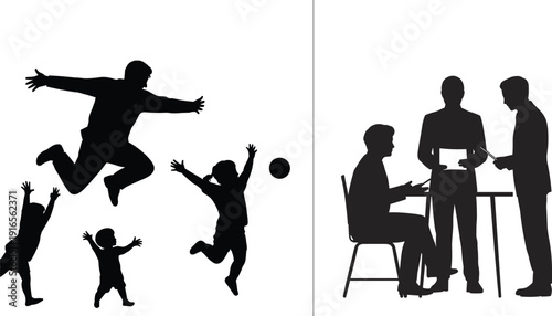 Joyful children playing outdoors, adult leaping in freedom, contrast with professional business meeting, teamwork collaboration, lifestyle balance, work life contrast