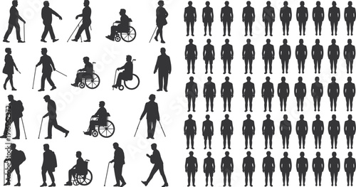 Inclusive society comparison, disability awareness silhouettes, wheelchair and cane users, diversity representation, accessibility equality, human rights, social inclusion, community support