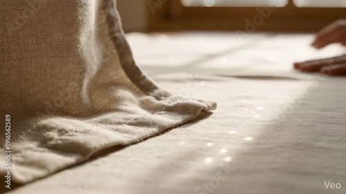 Calm linen blanket macro with sun spots for minimal lifestyle and, wide composition with clean copy space,soft natural light and realistic lens behavior,gentle camera movement,calm minimalist mood