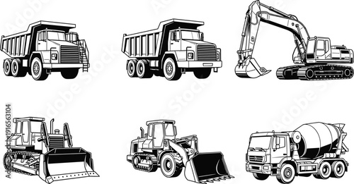 Set of heavy construction machinery vector illustrations, dump truck, excavator, bulldozer, front loader, and concrete mixer truck, industrial equipment sketches