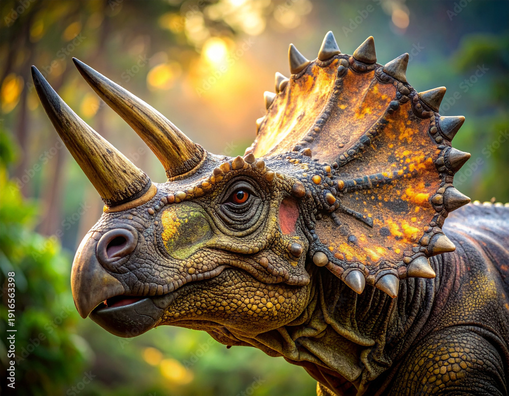 Fototapeta premium A dinosaur with horns on its head. The horns are yellow and brown. The dinosaur is standing in a forest