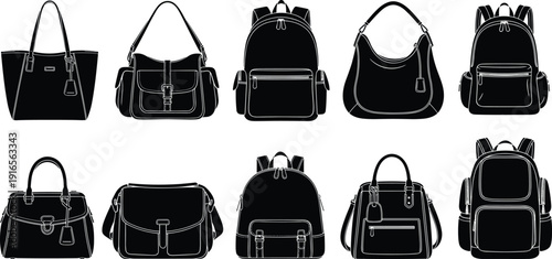 Technical sketch set of fashion bags, backpack, tote, messenger, and handbag silhouettes for apparel design, accessory vector illustration, luggage template.
