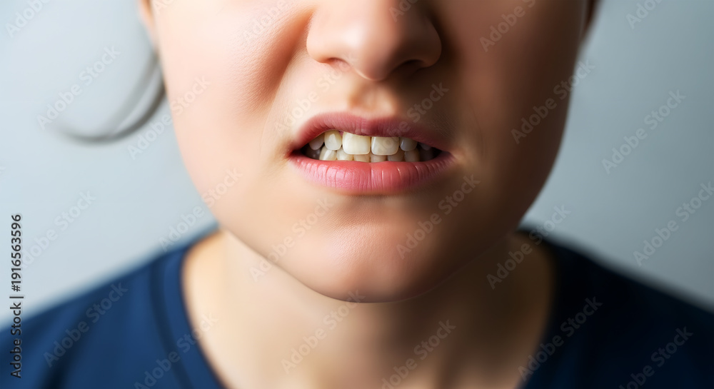 Fototapeta premium Close up of a person's mouth showing teeth bared in a grimace expression