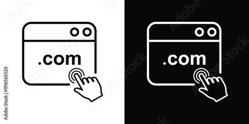 Internet browser interface with .com extension and hand cursor. Vector illustration for web development, hosting, and global domain services.