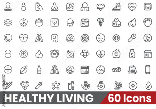 Healthy Living Lifestyle Concept – Fitness, Organic Food, Yoga, Meditation and Wellness Line Icons Vector Set