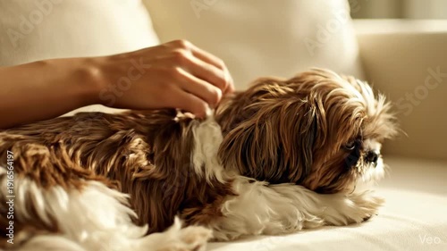 Calm cat sleeping being stroked for minimal lifestyle and clean, wide composition with clean copy space,soft natural light and realistic lens behavior,gentle camera movement,calm minimalist mood for e