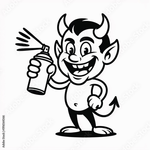 Cartoon devil with wide smile holding spray paint can