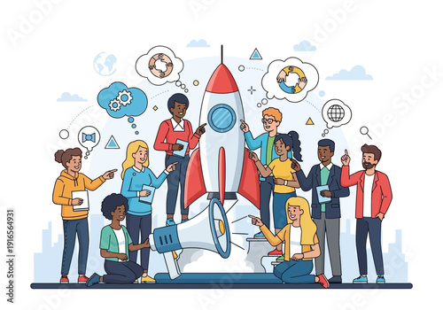 Diverse Team Launching Rocket Project Together.