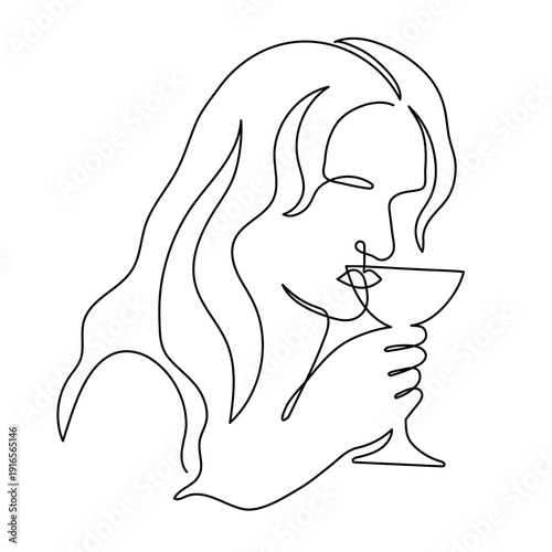 Woman holds wine clinking glass celebrating holiday 2027 new year, one line art, continuous drawing contour. Cheers romantic Valentine's Day toast, festive hand-drawn drink. Editable stroke. Isolated