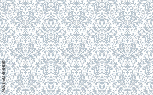Wallpaper in the style of Baroque. White and gray floral ornament. Seamless vector background. Graphic pattern for fabric, wallpaper, packaging. Ornate Damask flower illustration
