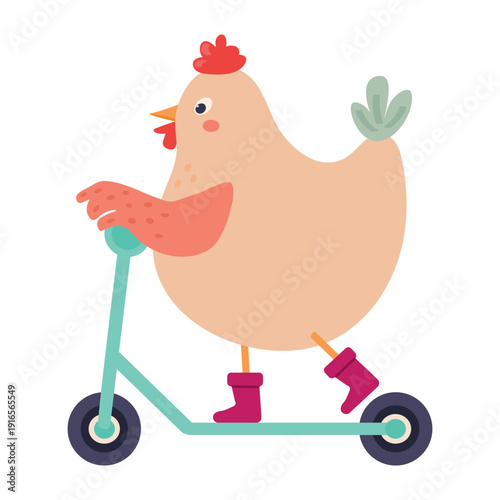 Whimsical illustration of a cute hen in boots riding a kick scooter, flat isolated. Fun, active concept