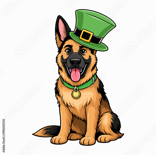 Cute German Shepherd Dog wearing Leprechaun Hat - St. Patrick's Day Cartoon Mascot