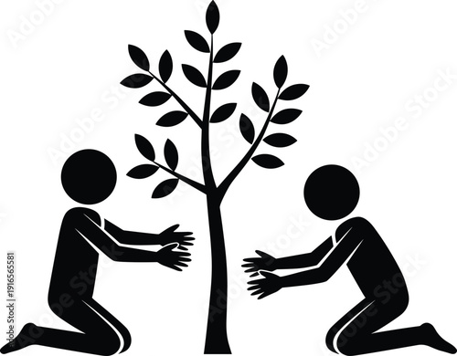 People planting tree together, environmental conservation concept, teamwork and sustainability symbol, black silhouette vector illustration isolated background design
