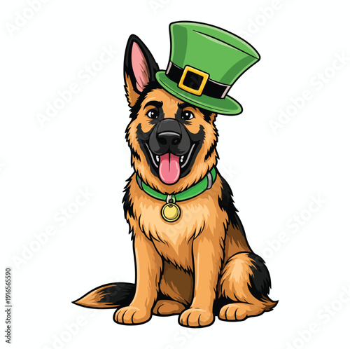 Cute German Shepherd Dog wearing Leprechaun Hat - St. Patrick's Day Cartoon Mascot