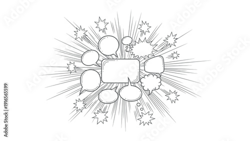 Exploding thoughts and messages: a dynamic illustration showcasing interconnected speech bubbles, radiating outwards with a sense of energy and communication. 