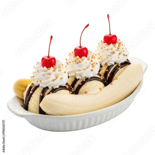 Delicious banana split with toppings isolated on transparent background