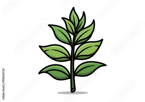 Hand Drawn Illustration of a Green Plant Stem with Leaves.