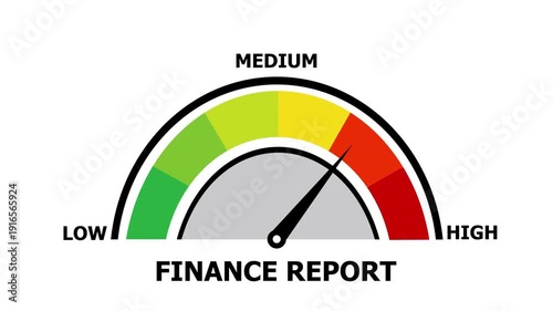 Finance report speedometer animation with needle pointing to red zone, concept of annual fiscal analysis, budget tracking, and corporate profit measurement.