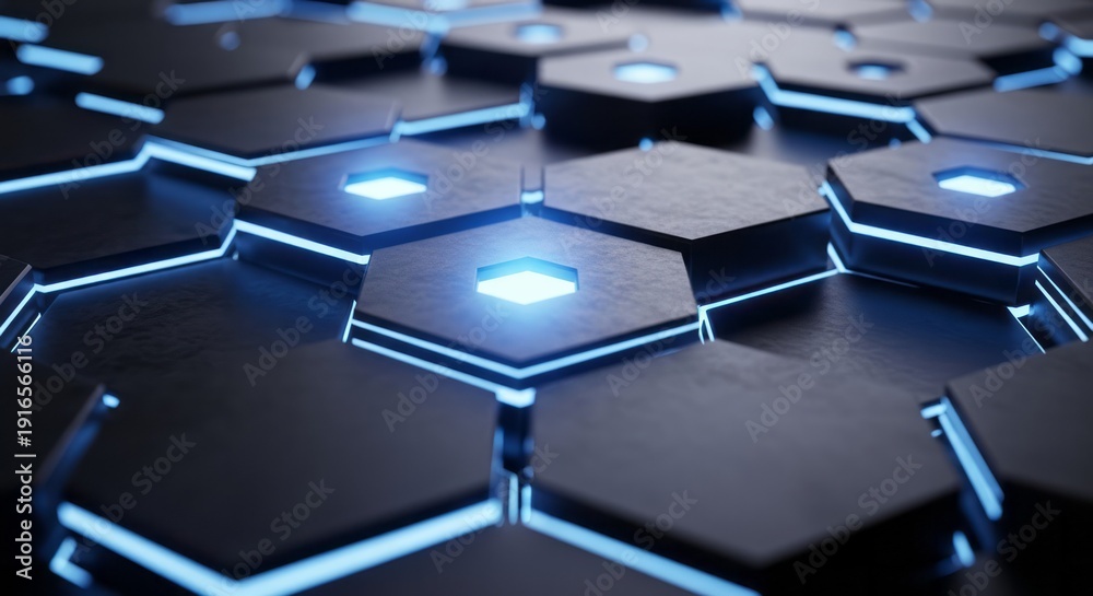 Obraz premium Futuristic Hexagonal Pattern with Blue Lighting. Concept featuring hexagon, pattern, blue light, futuristic, technology.