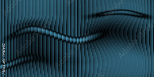 Dark blue ribbed modern 3D abstract background with glowing blue horizontal neon lines. Vector illustration