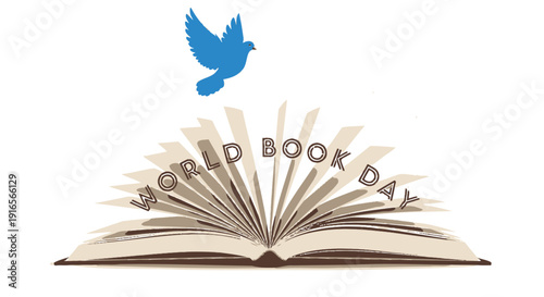 World Book Day vector illustration, open book with flying dove, literary celebration symbol.