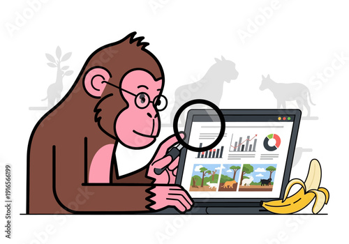 Monkey Examining Laptop Screen with Magnifying Glass.