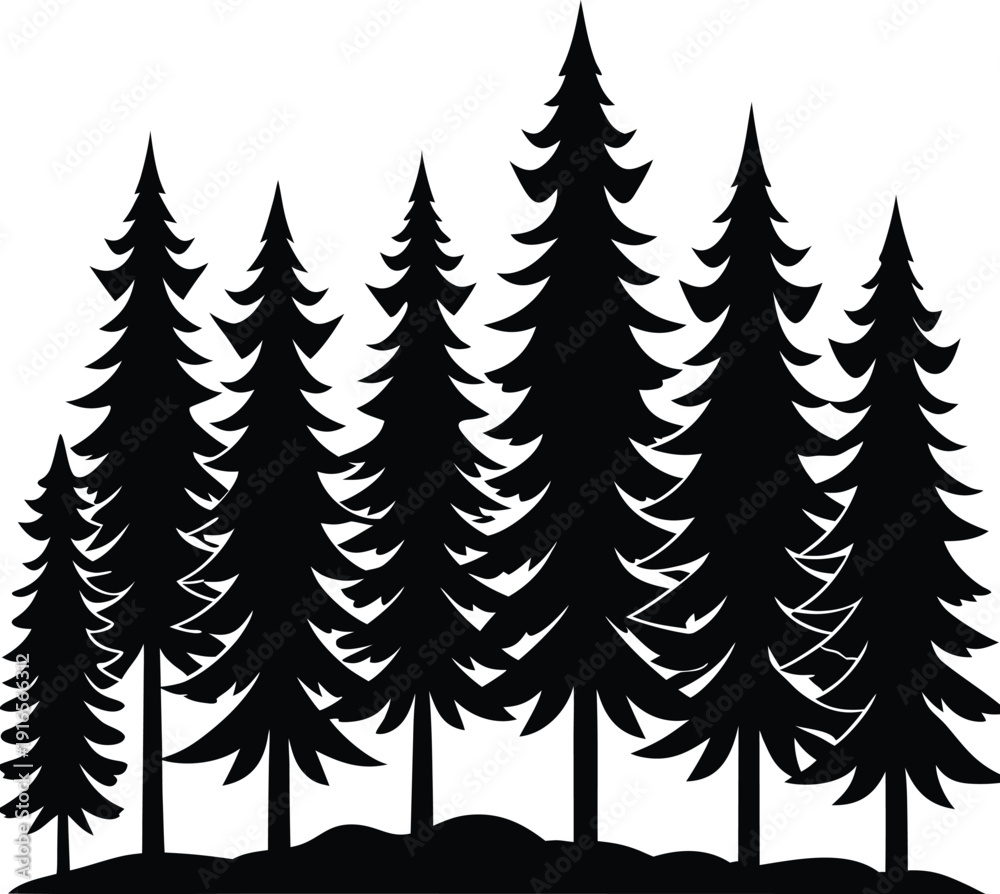 Obraz premium Black silhouette forest of pine trees on white background vector graphic