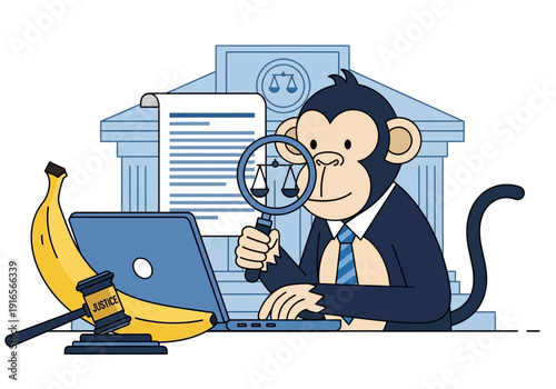 Monkey lawyer using laptop and magnifying glass with banana and gavel.