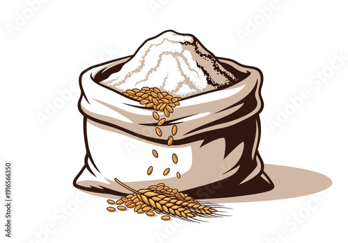 Bag of Flour with Wheat Grains and Stalk.
