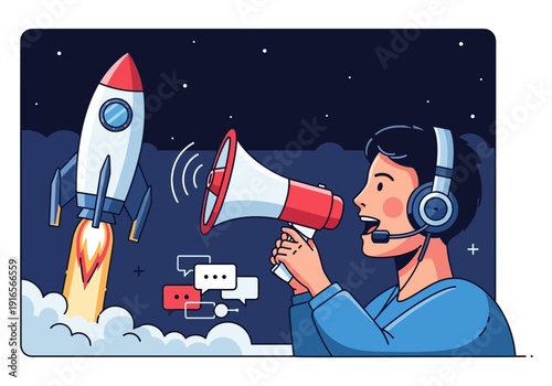 Man with Megaphone Announces Rocket Launch.