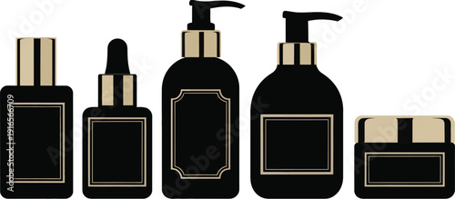 An illustrative arrangement of black and gold cosmetic containers including pump bottles droppers and jars high-quality professional detailed modern elegant