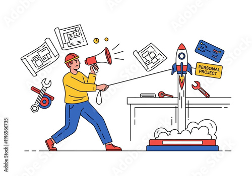 Man with Megaphone Launching Rocket Project.