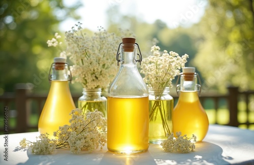 Four glass bottles filled with yellow elderflower cordial sit on white tablecloth outside. Fresh elderflower blossoms surround drinks. Background shows blurred green trees, wooden railing. Sunny day