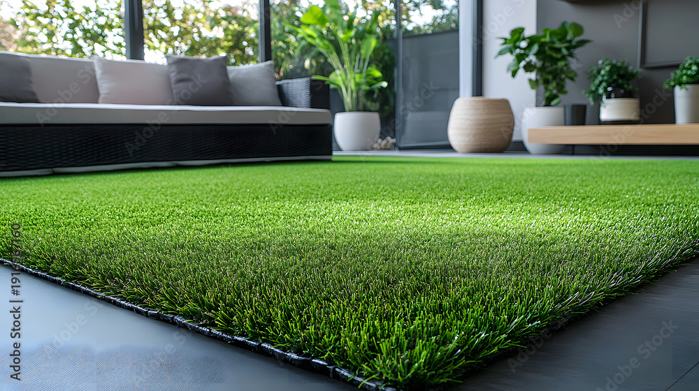 Obraz premium Close-up of green artificial grass carpet laid on a black floor in a modern interior. Synthetic turf roll with furniture in the background. 