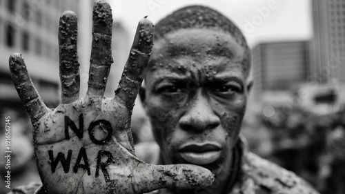 Black and white portrait of soldier raising mud-covered hand with no war written on palm, intense gaze, blurred crowd background, powerful antiwar protest concept