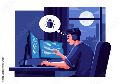 Programmer working late at night debugging code.