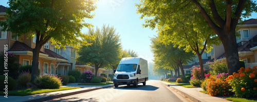 White delivery van drives on suburban street past green trees, neat houses. Sunny day with blue sky, blooming flowers adds to peaceful neighborhood feel. Vehicle serves residential area with services.