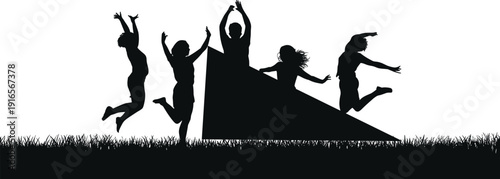 Silhouette children playing outdoors, joyful movement artwork, black and white illustration, dynamic poses concept, tent structure design, energetic childhood activity