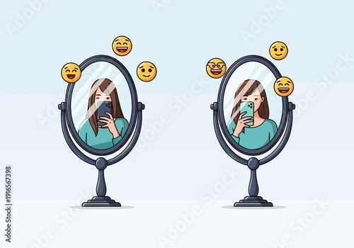 Two women taking selfies in mirrors with emojis.