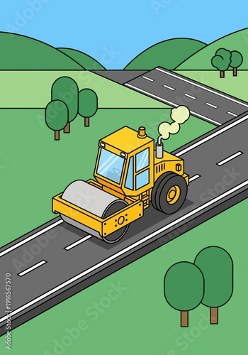 Yellow steamroller compacting a new road construction.