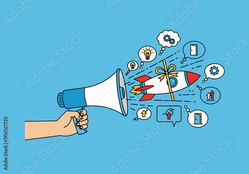 Megaphone Launching Rocket with Business Ideas.