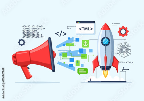 Megaphone Launching Rocket Symbolizing Marketing Strategy.