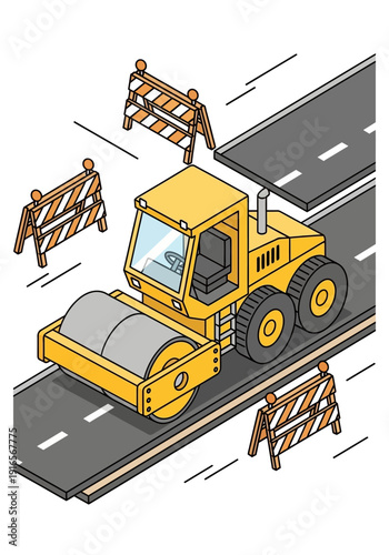 Yellow steamroller compacting asphalt on a road construction site.