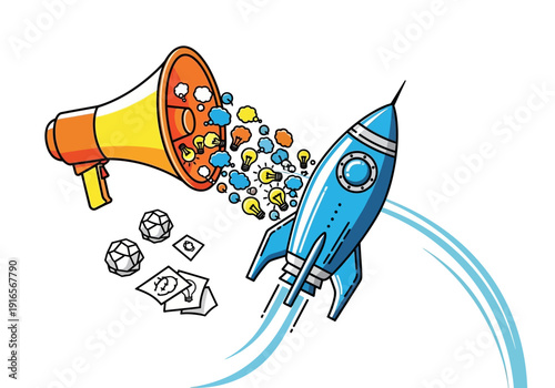 Megaphone Launching Rocket With Ideas And Money.