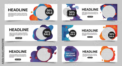 Abstract modern digital marketing banners with colorful fluid shapes and discount offers for online advertising campaigns