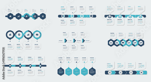 Collection of Horizontal Infographic Templates Featuring Hexagonal and Circular Steps with Timeline Elements